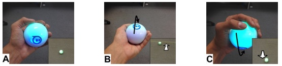 A physical Sphero can be controlled by tilting a corresponding <em>control sphero</em> in the desired direction of movement.